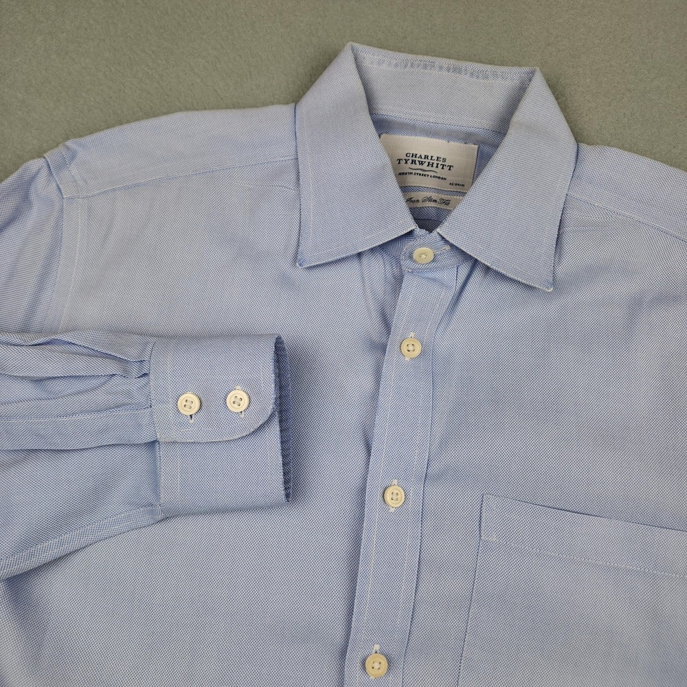 Charles Tyrwhitt Shirt Mens 16.5 33 Blue Non Iron Slim Fit Dress Button Up